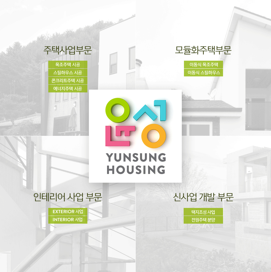 주택사업부문-목조주택 시공 스틸하우스 시공 콘크리트주택 시공, 모듈화주택부문-이동식 목조주택 이동식 스틸하우스, 인테리어 사업 부문-EXTERIOR 사업 INTERIOR 사업, 신사업 개발 부문-택지조성 사업 전원주택 분양